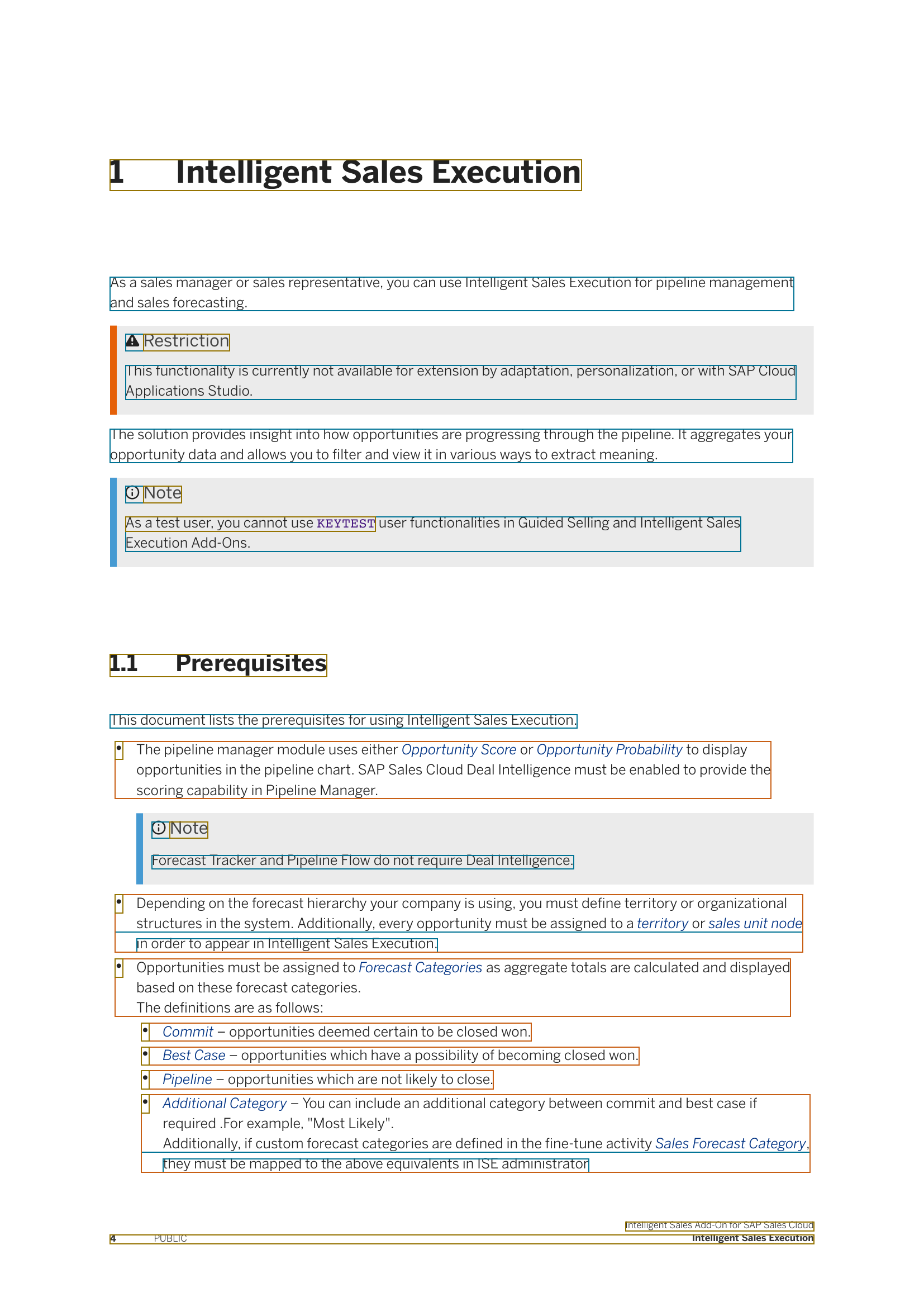 A page of text with headers, subheaders, lists, and sublists. Each is highlighted by a different color based on the type of content block available.